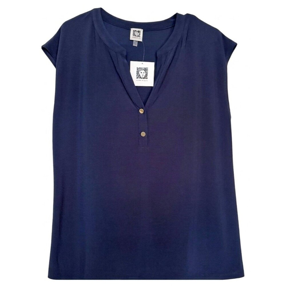 NWT Anne Klein Navy Blue Sleeveless V-Neck Henley Blouse Gold Buttons Large